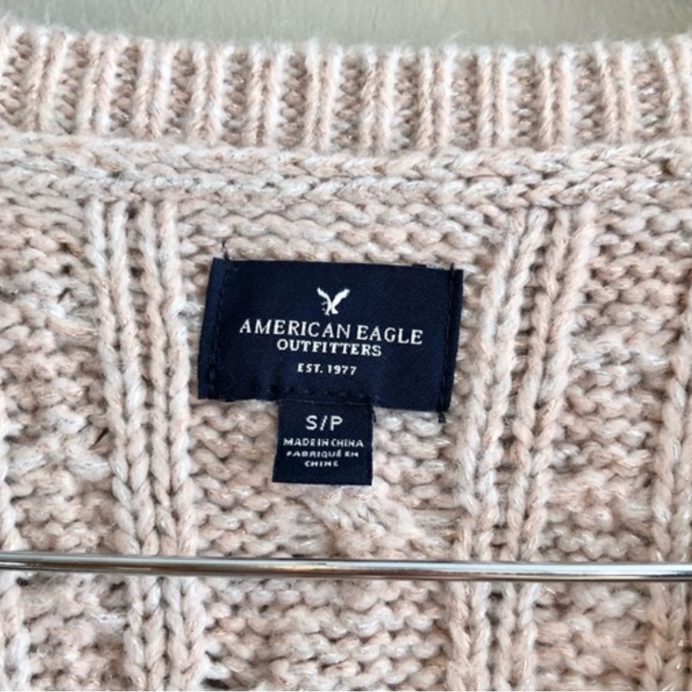 American Eagle Metallic Cable Knit Knitted Long Sleeve Sweater Shirt Top Pink - Picture 5 of 8